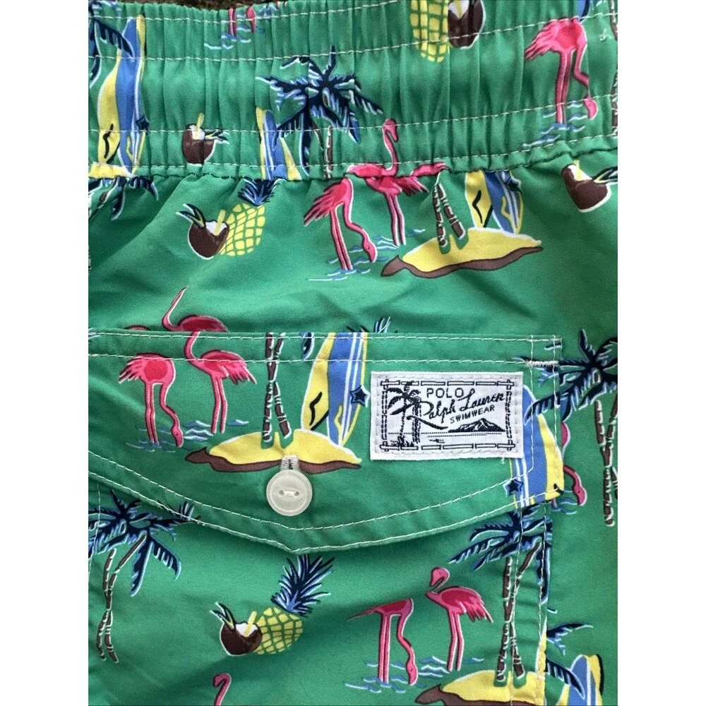 POLO Ralph Lauren 36 Men’s Swim Trunks Green Surf Flamingo Shorts Made Fr Europe